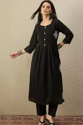 Women Floral Embroidered Pleated Beads and Stones Pure Cotton Kurta with Trousers