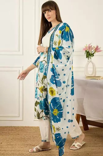 Women Floral Printed Regular Pure Cotton Kurta with Trousers & With Dupatta