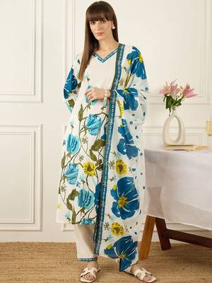 Women Floral Printed Regular Pure Cotton Kurta with Trousers & With Dupatta 6