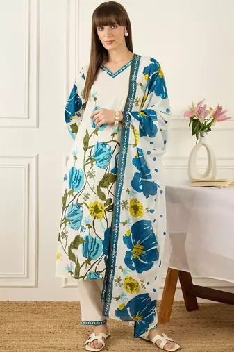 Women Floral Printed Regular Pure Cotton Kurta with Trousers & With Dupatta