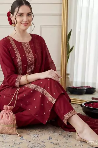 Women Ethnic Motifs Embroidered Regular Sequinned Kurta with Trousers & With Dupatta