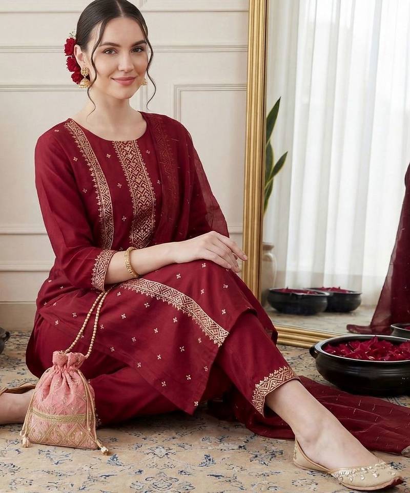 Women Ethnic Motifs Embroidered Regular Sequinned Kurta with Trousers & With Dupatta