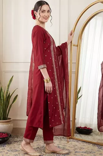 Women Ethnic Motifs Embroidered Regular Sequinned Kurta with Trousers & With Dupatta