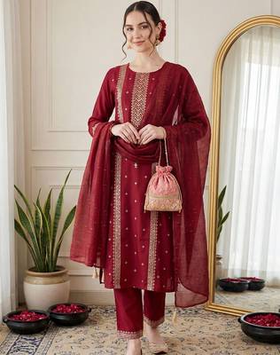 Women Ethnic Motifs Embroidered Regular Sequinned Kurta with Trousers & With Dupatta 4