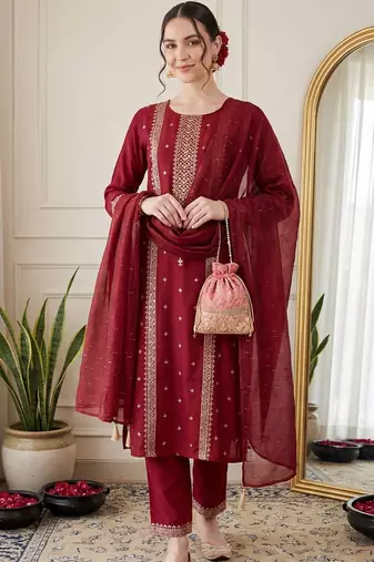 Women Ethnic Motifs Embroidered Regular Sequinned Kurta with Trousers & With Dupatta