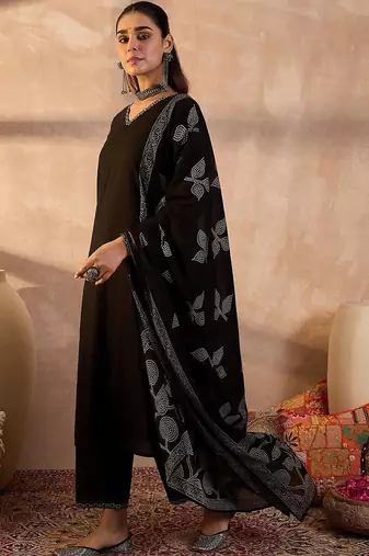 Women Ethnic Motifs Embroidered Regular Mirror Work Pure Cotton Kurta with Trousers & With Dupatta