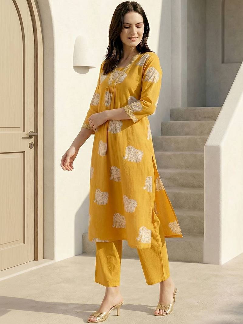 Women Ethnic Motifs Printed Regular Beads and Stones Pure Cotton Kurta with Trousers