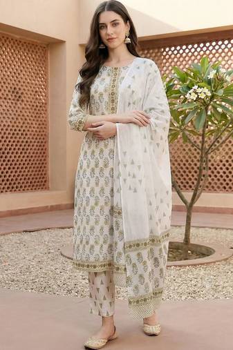 Women Ethnic Motifs Printed Regular Pure Cotton Kurta with Trousers & With Dupatta