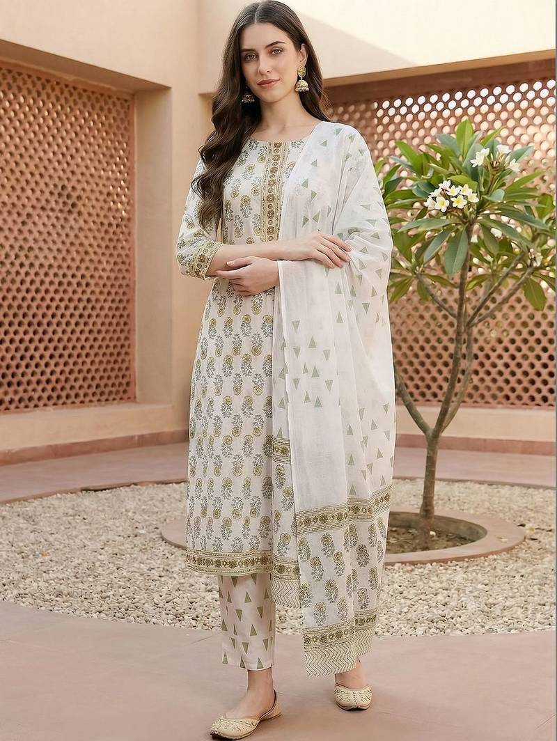 Women Ethnic Motifs Printed Regular Pure Cotton Kurta with Trousers & With Dupatta