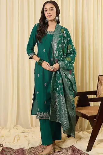 Women Ethnic Motifs Embroidered Regular Thread Work Kurta with Trousers & With Dupatta