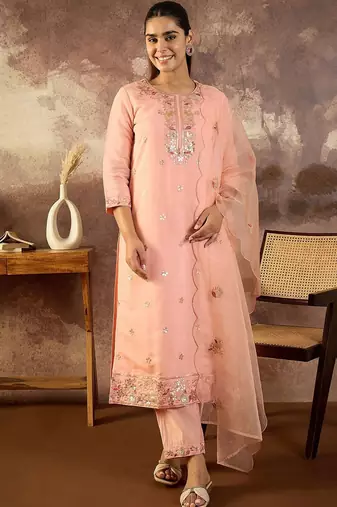Women Floral Embroidered Round Neck Sequinned Kurta with Trousers & Dupatta