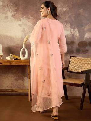 Women Floral Embroidered Round Neck Sequinned Kurta with Trousers & Dupatta 4