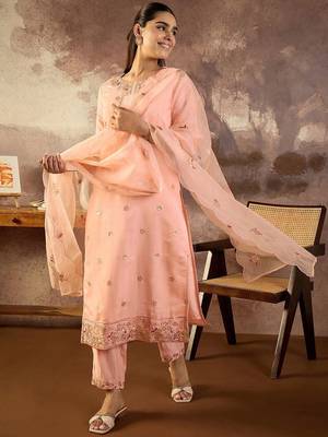 Women Floral Embroidered Round Neck Sequinned Kurta with Trousers & Dupatta 6