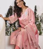 Floral Printed Round Neck Straight Kurta With Trousers & Dupatta