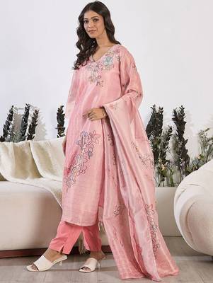 Floral Printed Round Neck Straight Kurta With Trousers & Dupatta 6