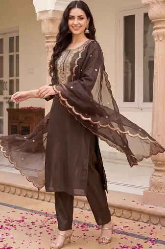 Women Ethnic Motifs Embroidered Regular Liva Kurta with Trousers & With Dupatta