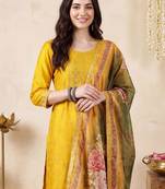 Women Ethnic Woven design Regular Thread Work Kurta with Trousers & With Dupatta