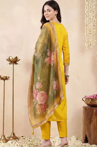 Women Ethnic Woven design Regular Thread Work Kurta with Trousers & With Dupatta