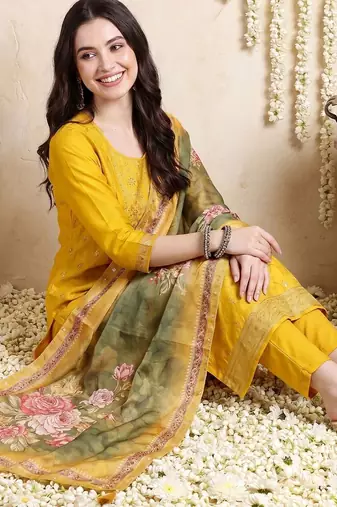 Women Ethnic Woven design Regular Thread Work Kurta with Trousers & With Dupatta
