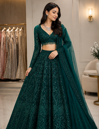  dark green Dori sequins thread Net lehenga Choli Set 