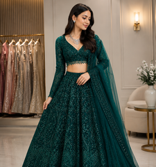  dark green Dori sequins thread Net lehenga Choli Set 