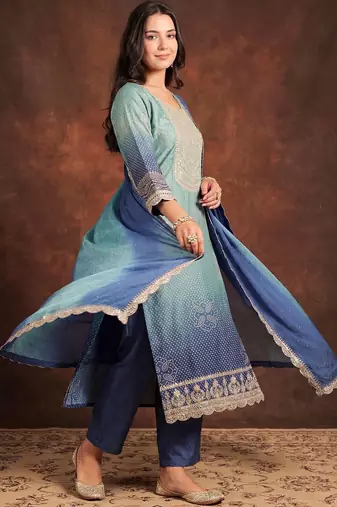 Women Ombre Dyed Regular Thread Work Kurta with Trousers & With Dupatta