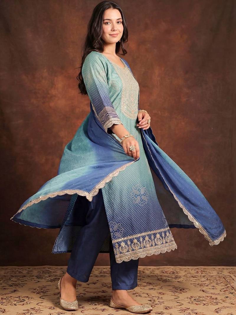 Women Ombre Dyed Regular Thread Work Kurta with Trousers & With Dupatta