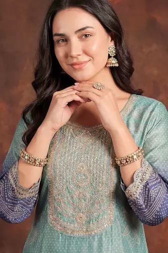 Women Ombre Dyed Regular Thread Work Kurta with Trousers & With Dupatta