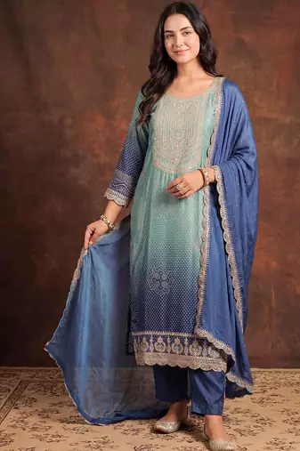 Women Ombre Dyed Regular Thread Work Kurta with Trousers & With Dupatta