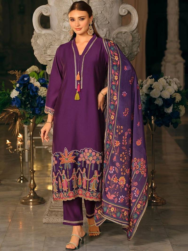 Women Ethnic Motifs Embroidered Regular Thread Work Kurta with Trousers & With Dupatta