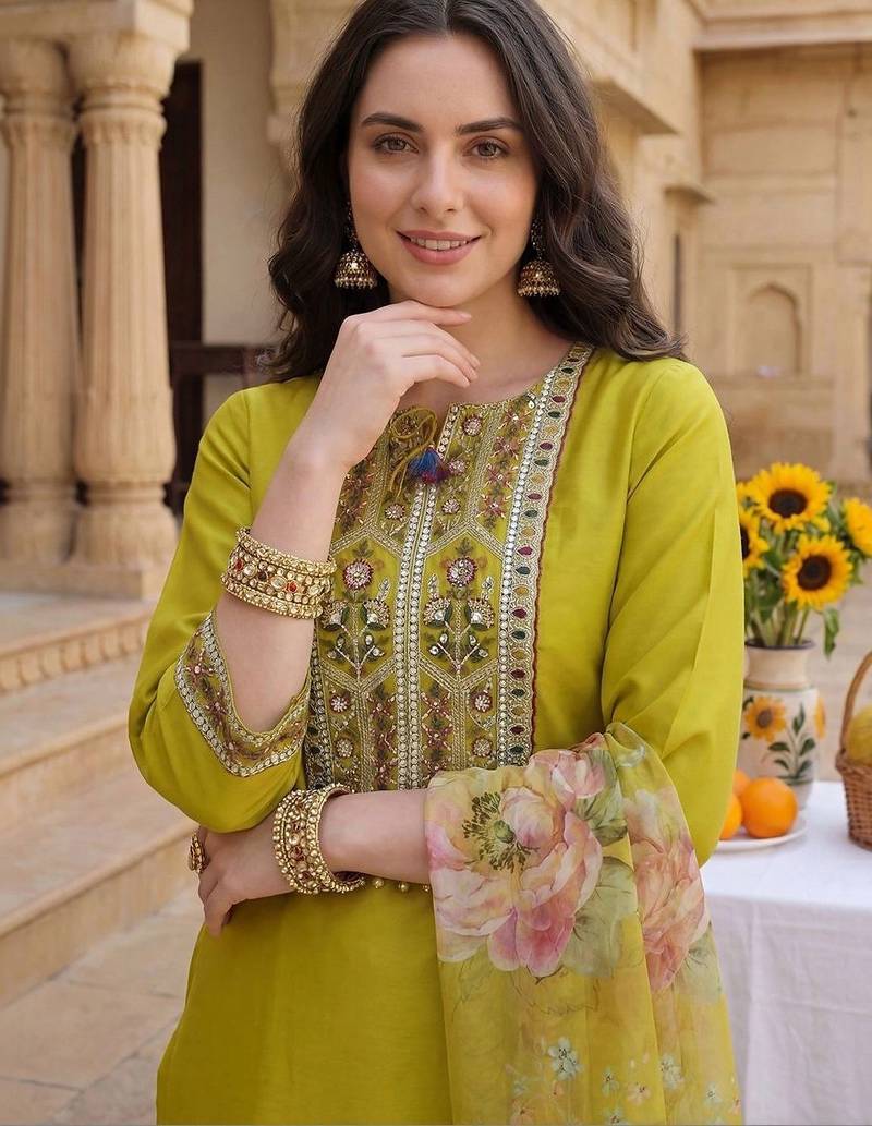 Women Floral Embroidered Regular Thread Work Kurta with Trousers & With Dupatta