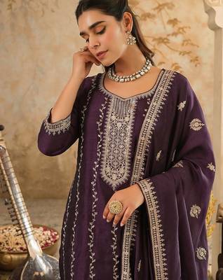 Women Embroidered Straight Kurta Trousers With Dupatta Set 2