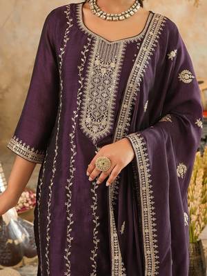 Women Embroidered Straight Kurta Trousers With Dupatta Set 3