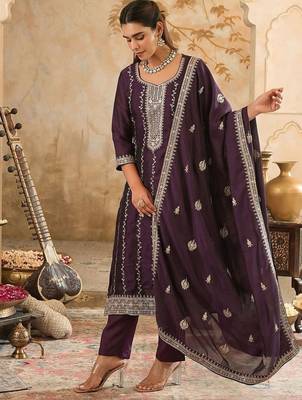 Women Embroidered Straight Kurta Trousers With Dupatta Set 1