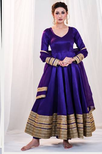 Purple heavy silk blend  embroidered anarkali gown set with dupatta & pants | fully stitched festive wear