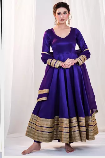 Purple heavy silk blend  embroidered anarkali gown set with dupatta & pants | fully stitched festive wear