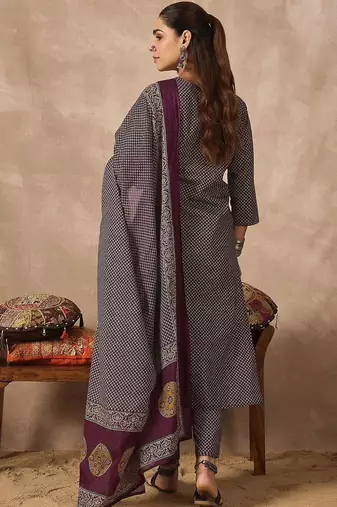 Women Ethnic Motifs Printed Regular Sequinned Pure Cotton Kurta with Trousers & With Dupatta