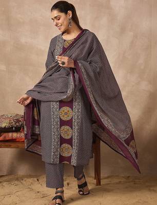 Women Ethnic Motifs Printed Regular Sequinned Pure Cotton Kurta with Trousers & With Dupatta 7