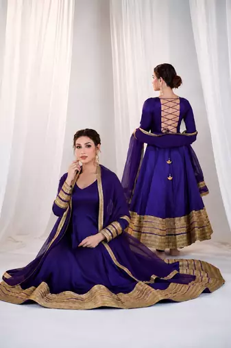 Purple heavy silk blend  embroidered anarkali gown set with dupatta & pants | fully stitched festive wear