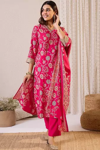 Floral Printed Notch Neck Chanderi Silk Straight Kurta & Trousers With Dupatta