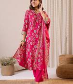 Floral Printed Notch Neck Chanderi Silk Straight Kurta & Trousers With Dupatta