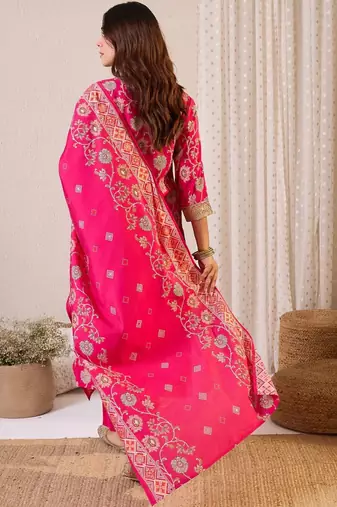 Floral Printed Notch Neck Chanderi Silk Straight Kurta & Trousers With Dupatta