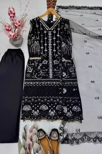 Black Color Sequins And Hand Work Cotton Salwar Suit