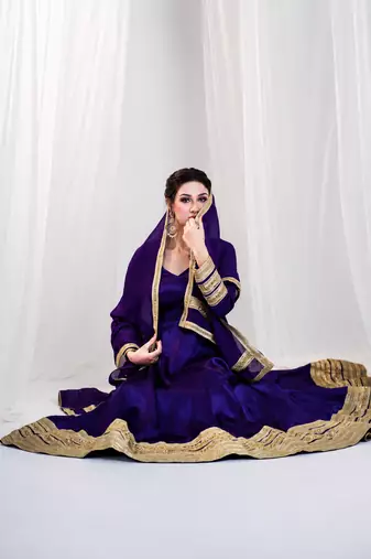 Purple heavy silk blend  embroidered anarkali gown set with dupatta & pants | fully stitched festive wear