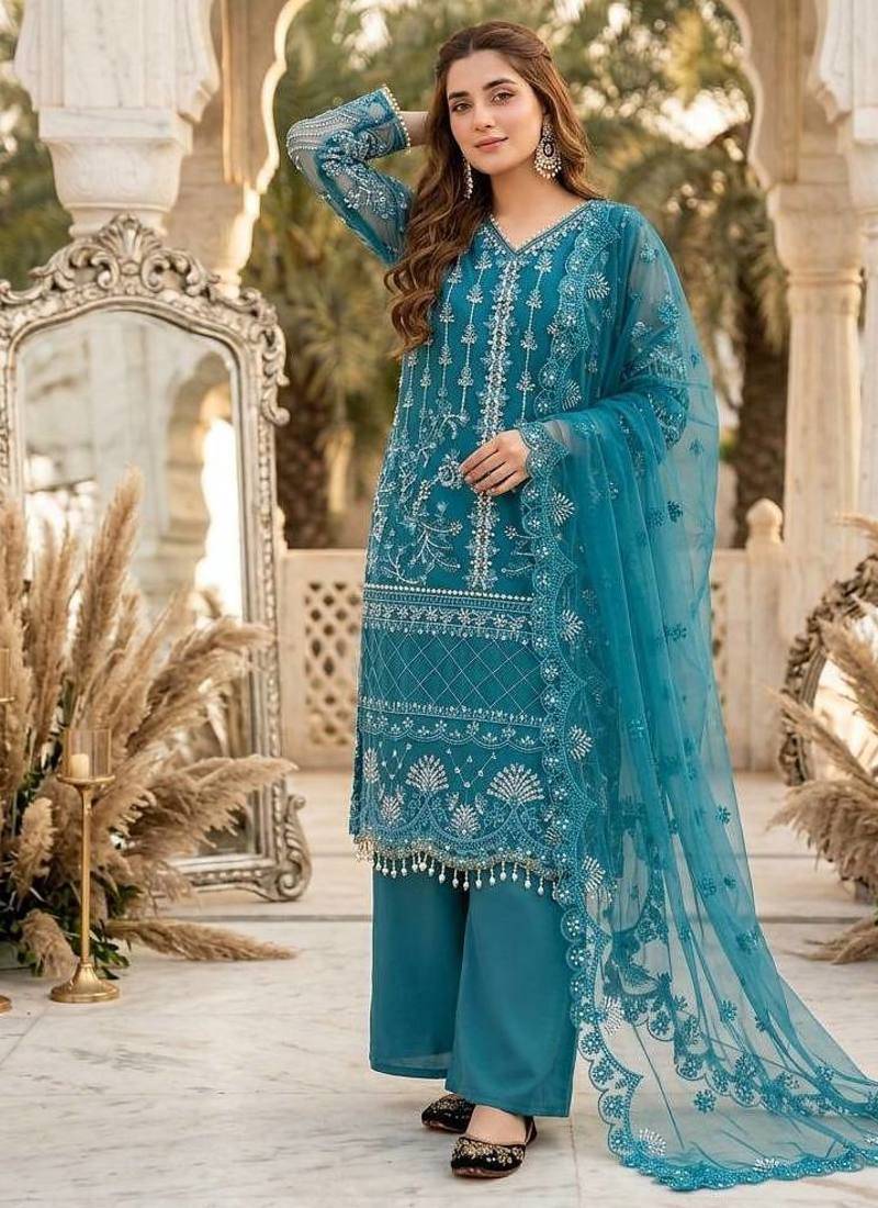 Blue Color Sequins And Hand Work Cotton Salwar Suit