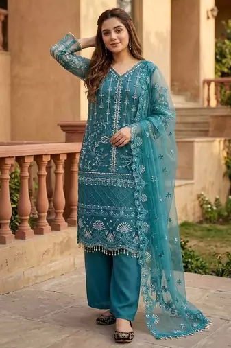Blue Color Sequins And Hand Work Cotton Salwar Suit