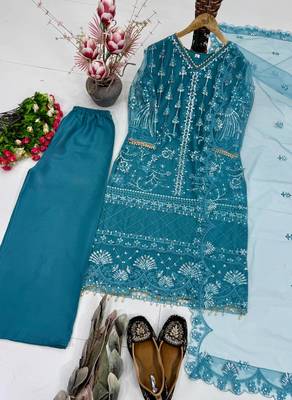 Blue Color Sequins And Hand Work Cotton Salwar Suit 3