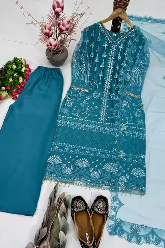 Blue Color Sequins And Hand Work Cotton Salwar Suit