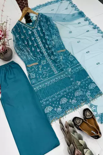 Blue Color Sequins And Hand Work Cotton Salwar Suit