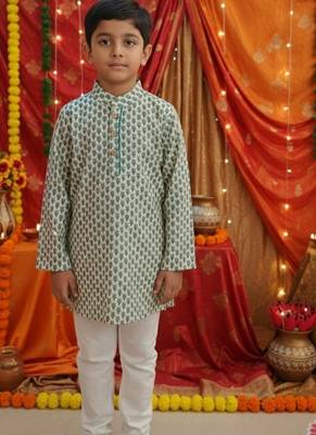Teal blue block print kurta 1